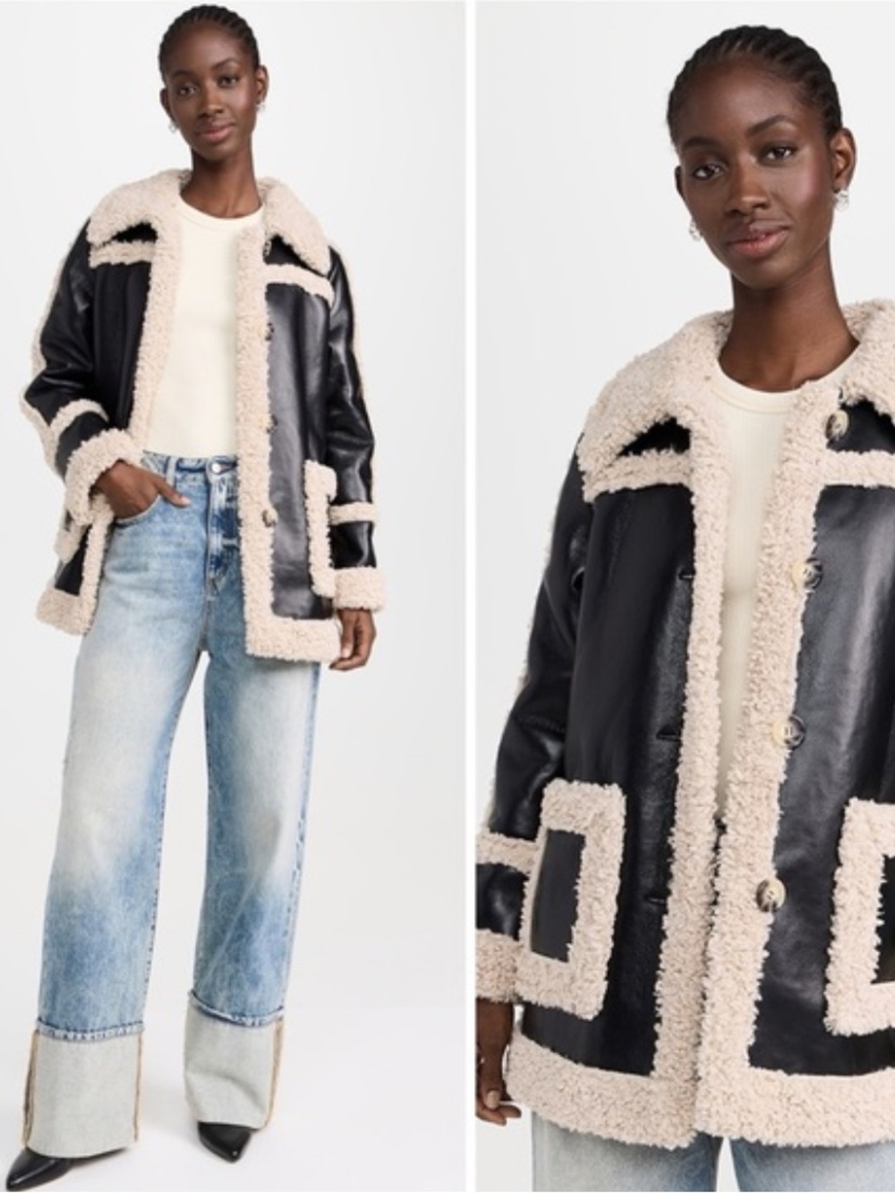 Badgley Mischka Black Faux Leather Coat with Cream Shearling Trim